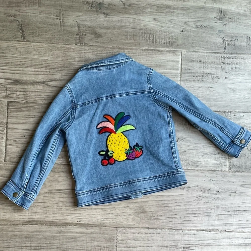 Hanna Anderson Kids Jean Jacket With Colorful Fruit Patches On Front/Back SZ 5